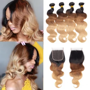 colored body wave human hair weave with lace closure 3/4 bundles 1b/30/27 remy t1b/33/27