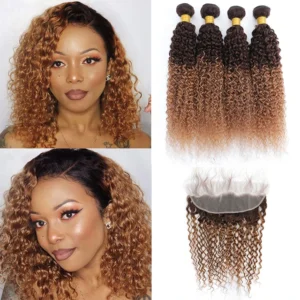 13x4 hd transparent lace frontal closure with ombre curly human hair bundles, 100% brazilian remy hair extensions