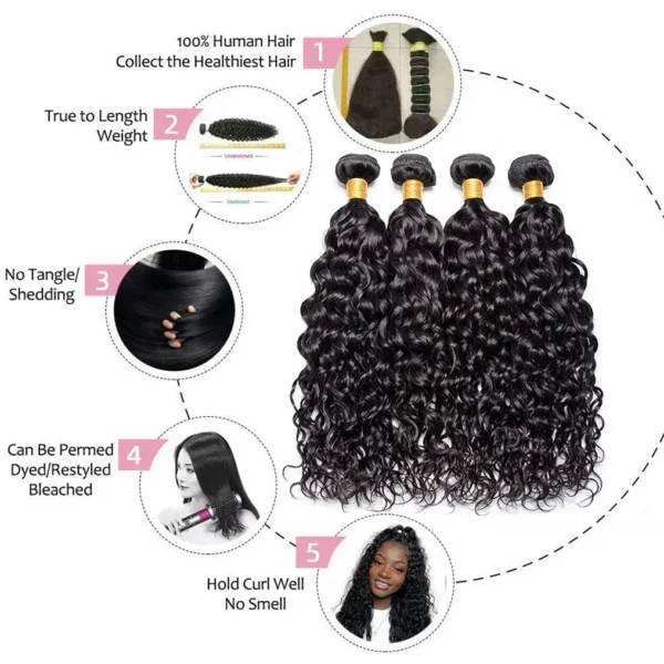 natural color water wave brazilian human hair, 3 or 4 bundles with 4x4 or 13x4 hd lace frontal closure, extensions for women