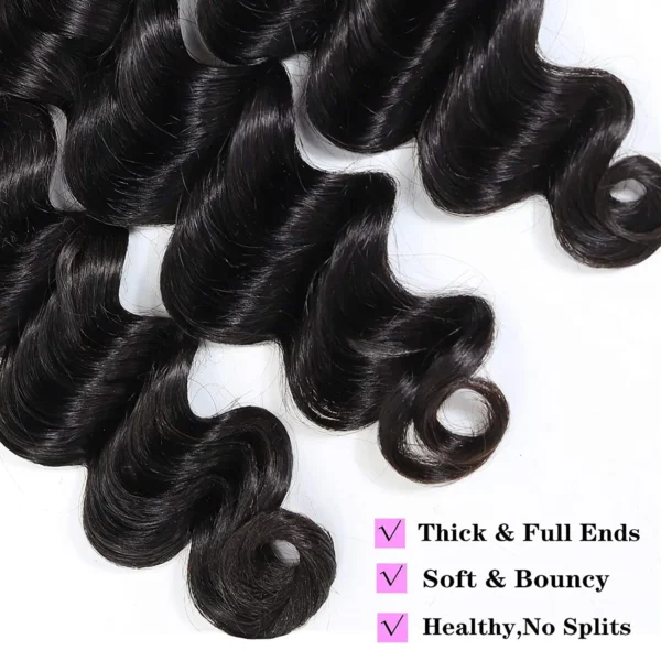 brazilian loose deep wave human hair 3 or 4 bundles, #1b color, with 4x4, 5x5, or 13x4 hd lace frontal closure