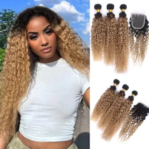 t1b/27 curly brazilian human hair, 3 or 4 bundles with 4x4 lace closure, hair extensions for women and girls