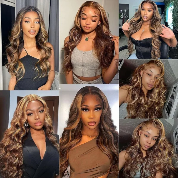 34 inch highlight p4/27 body wave 5x5 13x4 hd lace front wig, 100% human hair, glueless & ready to wear