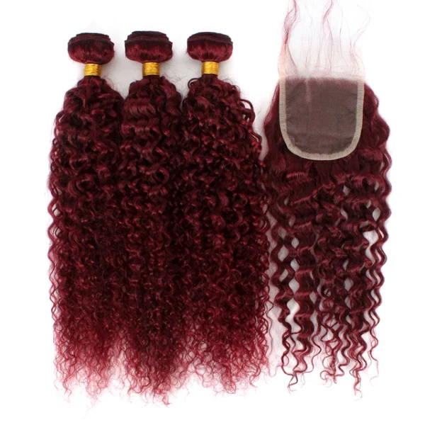 #99j colored curly human hair bundles with 4x4 lace closure, 100% human hair extensions for women