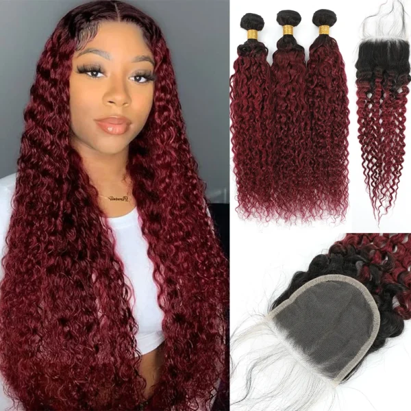 #99j colored curly human hair bundles with 4x4 lace closure, 100% human hair extensions for women