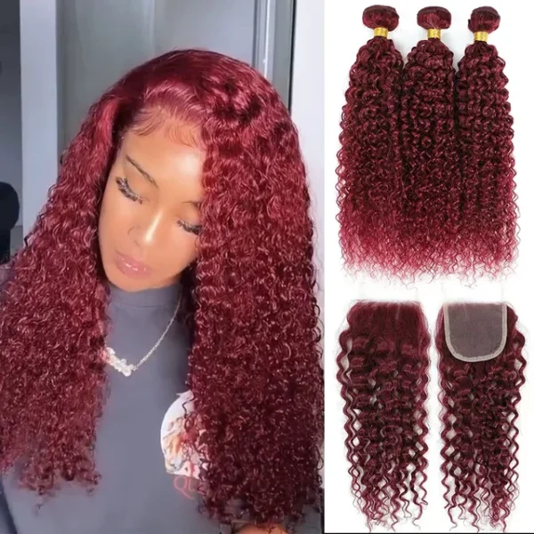 99j burgundy curly brazilian human hair, 3 or 4 bundles with 4x4 lace closure, red hair extensions for women and girls