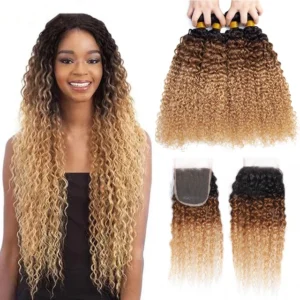 t1b/4/27 ombre brazilian curly human hair, 3 or 4 bundles with lace closure, blonde hair weave extensions