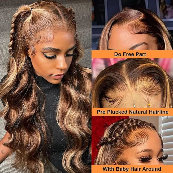 34 inch highlight p4/27 body wave 5x5 13x4 hd lace front wig, 100% human hair, glueless & ready to wear