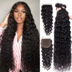 natural color water wave brazilian human hair, 3 or 4 bundles with 4x4 or 13x4 hd lace frontal closure, extensions for women