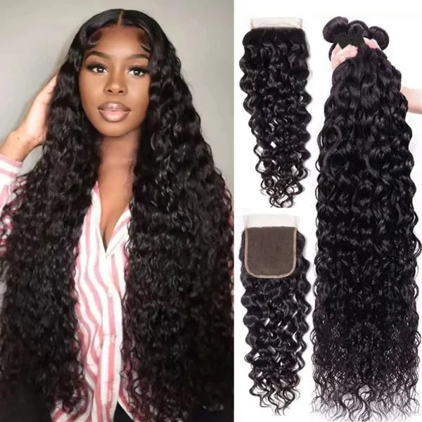 natural color water wave brazilian human hair, 3 or 4 bundles with 4x4 or 13x4 hd lace frontal closure, extensions for women