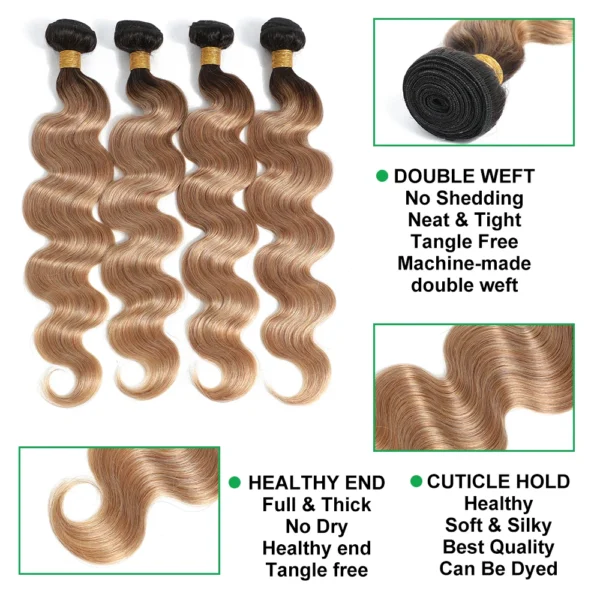 t1b/27 ombre blonde brazilian body wave hair weave bundles, 100% human hair with 4x4 hd lace closure, extensions for women and girls, 3 or 4 bundles