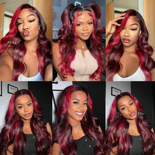 1b/99j burgundy highlight body wave wig, 13x4 hd lace front, 100% human hair, 5x5, 4x4 & full lace closure options