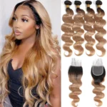 t1b/27 ombre blonde brazilian body wave hair weave bundles, 100% human hair with 4x4 hd lace closure, extensions for women and girls, 3 or 4 bundles