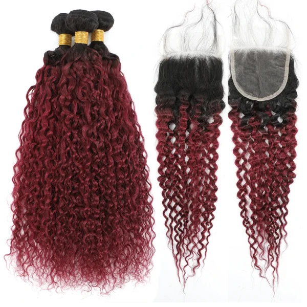 #99j colored curly human hair bundles with 4x4 lace closure, 100% human hair extensions for women