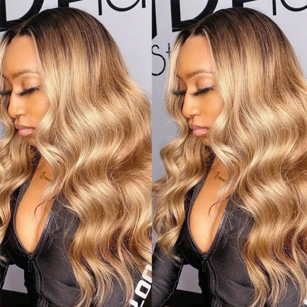 t1b/27 ombre blonde brazilian body wave hair weave bundles, 100% human hair with 4x4 hd lace closure, extensions for women and girls, 3 or 4 bundles