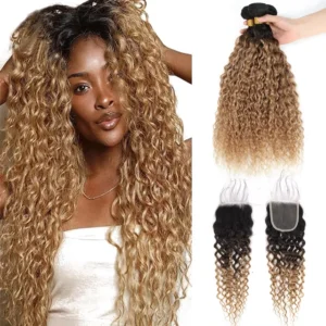 t1b/4/27 curly brazilian human hair, 3 or 4 bundles with 4x4 lace closure, hair extensions for women and girls