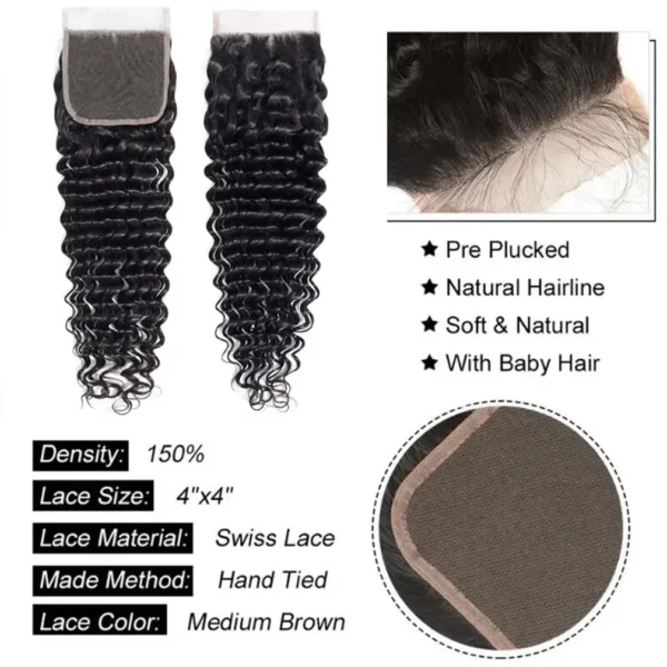 natural color brazilian deep wave human hair bundles, 3 or 4 bundles with 4x4 or 13x4 hd lace frontal closure