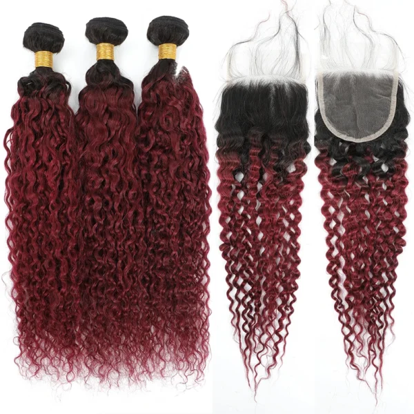 t1b/99j burgundy curly brazilian human hair, 3 or 4 bundles with 4x4 lace closure, red hair extensions for women and girls