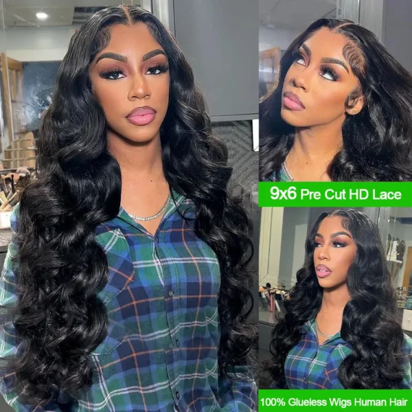 34 inch body wave glueless hd transparent lace frontal wig, 9x6 pre plucked, 100% brazilian human hair, ready to wear