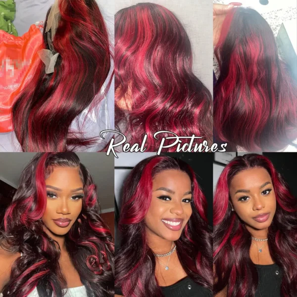 1b/99j burgundy highlight body wave wig, 13x4 hd lace front, 100% human hair, 5x5, 4x4 & full lace closure options