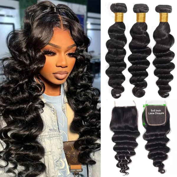 brazilian loose deep wave human hair 3 or 4 bundles, #1b color, with 4x4, 5x5, or 13x4 hd lace frontal closure