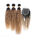 t1b/27 colored curly human hair bundles with 4x4 lace closure, 100% human hair extensions for women