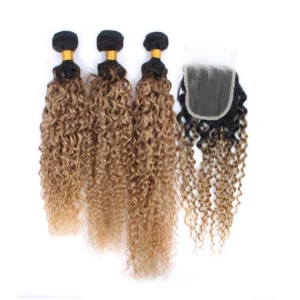 t1b/27 colored curly human hair bundles with 4x4 lace closure, 100% human hair extensions for women