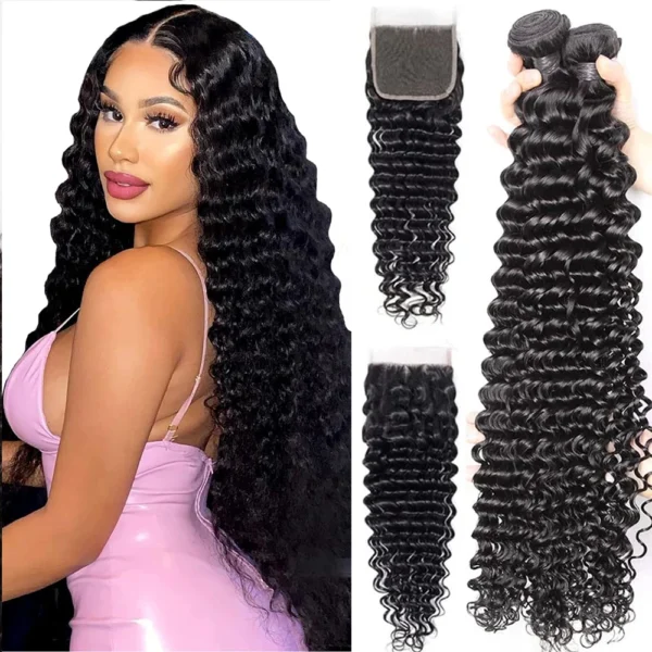 natural color brazilian deep wave human hair bundles, 3 or 4 bundles with 4x4 or 13x4 hd lace frontal closure