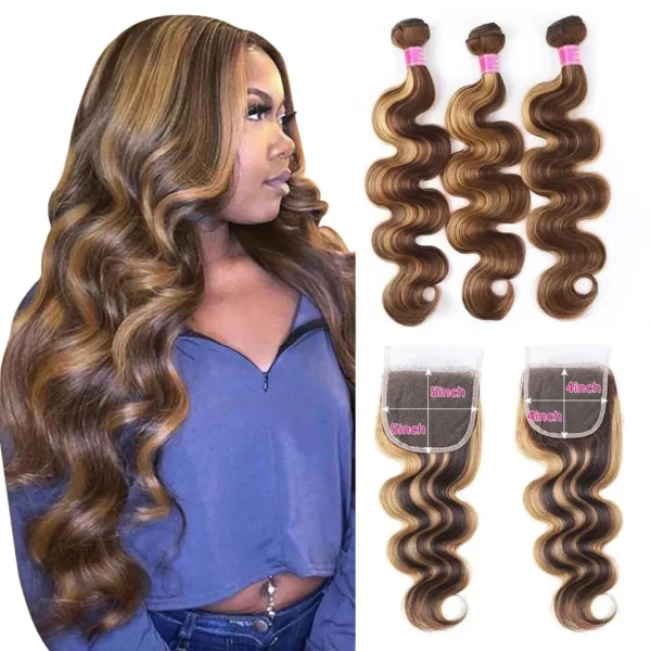 p4/27 highlight body wave brazilian bone straight remy hair extensions, bundles with frontal closure for women