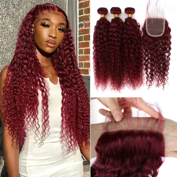 99j burgundy curly brazilian human hair, 3 or 4 bundles with 4x4 lace closure, red hair extensions for women and girls