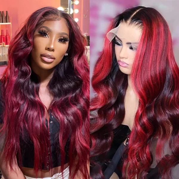 1b/99j burgundy highlight body wave wig, 13x4 hd lace front, 100% human hair, 5x5, 4x4 & full lace closure options