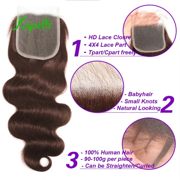 t1b/27 chocolate brown body wave brazilian human hair, 3 or 4 bundles with 4x4 lace closure, 100% human hair extensions