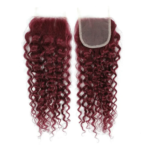 t1b/99j burgundy curly brazilian human hair, 3 or 4 bundles with 4x4 lace closure, red hair extensions for women and girls