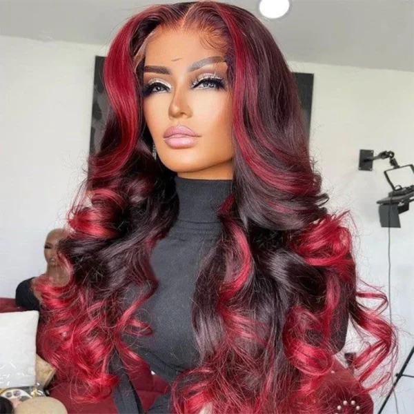 1b/99j burgundy highlight body wave wig, 13x4 hd lace front, 100% human hair, 5x5, 4x4 & full lace closure options